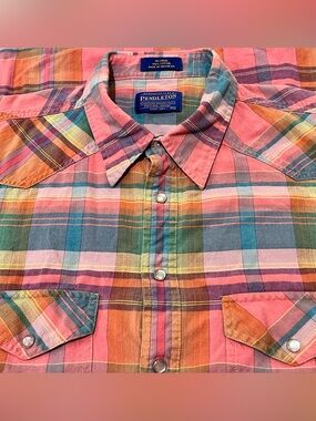 Pendleton Pearl Snap Rancher Shirt Mens XL Pink Plaid Long Sleeve Western Cotton